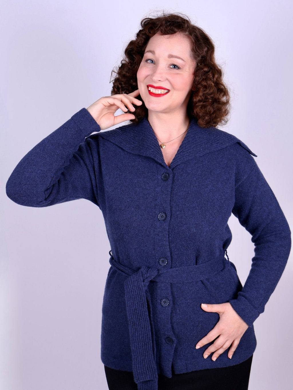 1920s style cardigan with big collar - Blue melange - Pearl