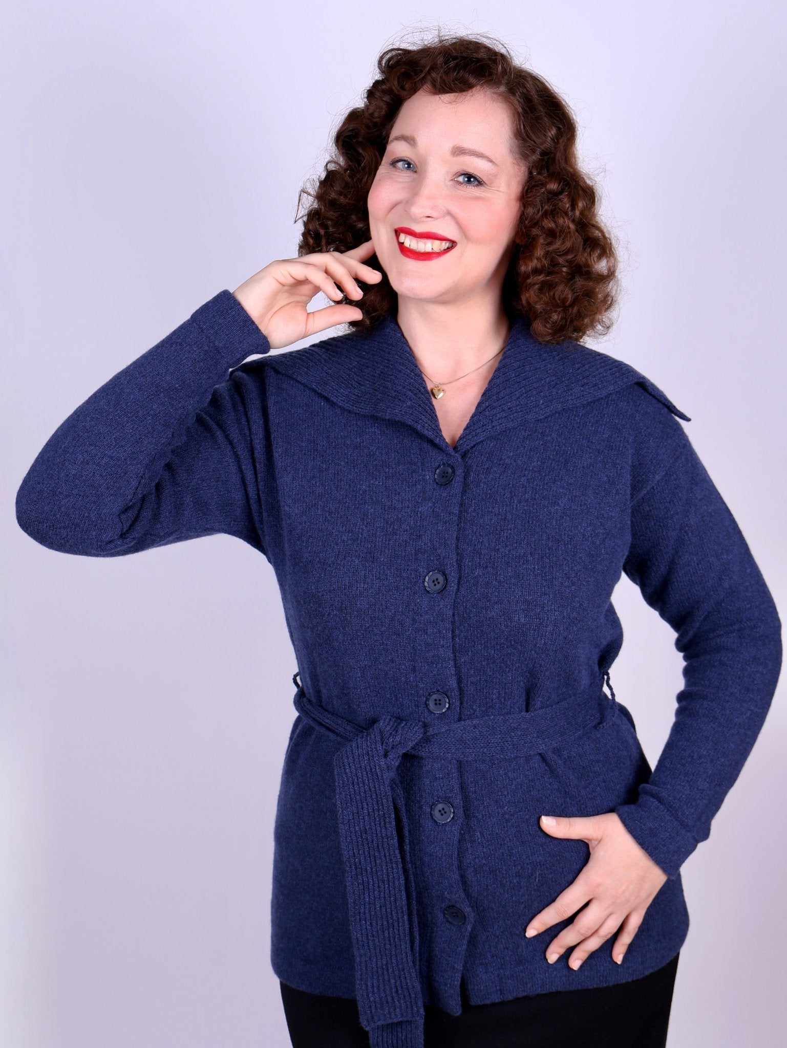 1920s style cardigan with big collar - Blue melange - Pearl