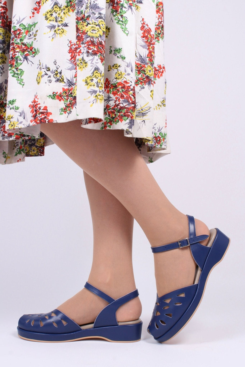 1940s / 50s summer wedge sandals - Navy Blue - Sidse