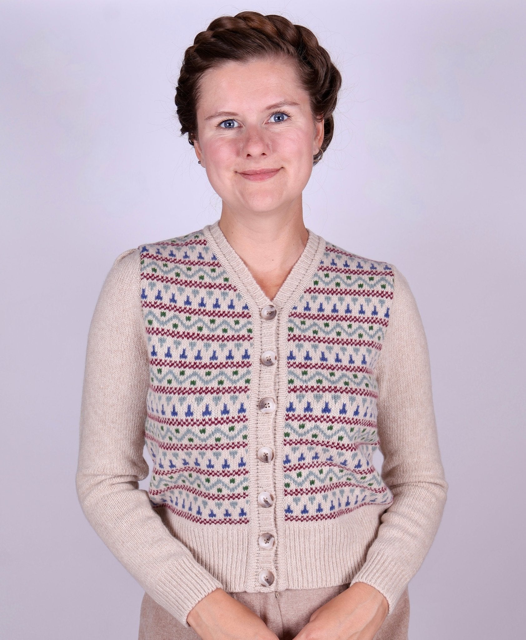 1940s vintage style cardigan - Merino - Cream with pattern - Rosemary