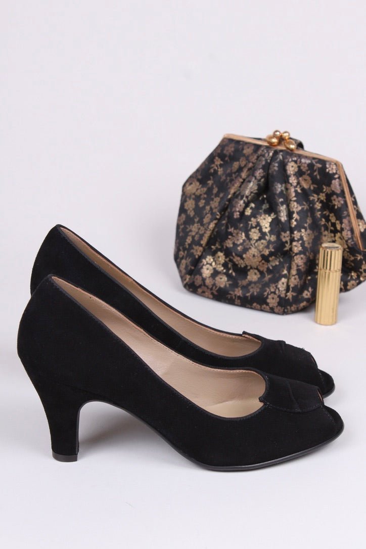1940s suede high heel with peep toe- Black - Margaret