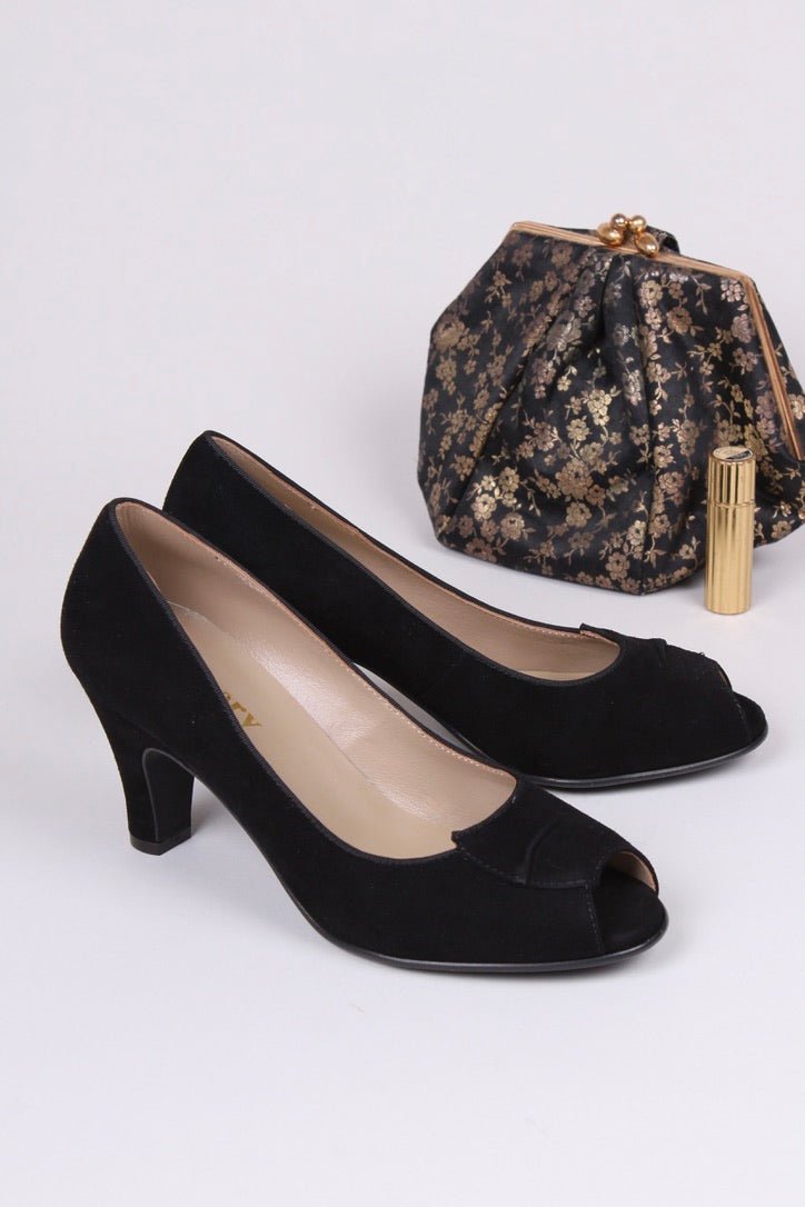 1940s suede high heel with peep toe- Black - Margaret