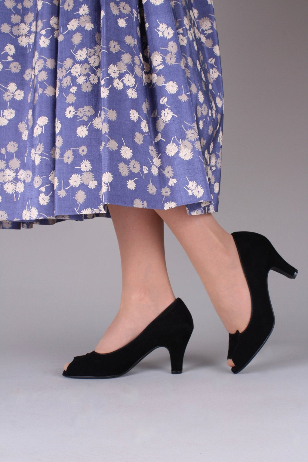1940s suede high heel with peep toe- Black - Margaret