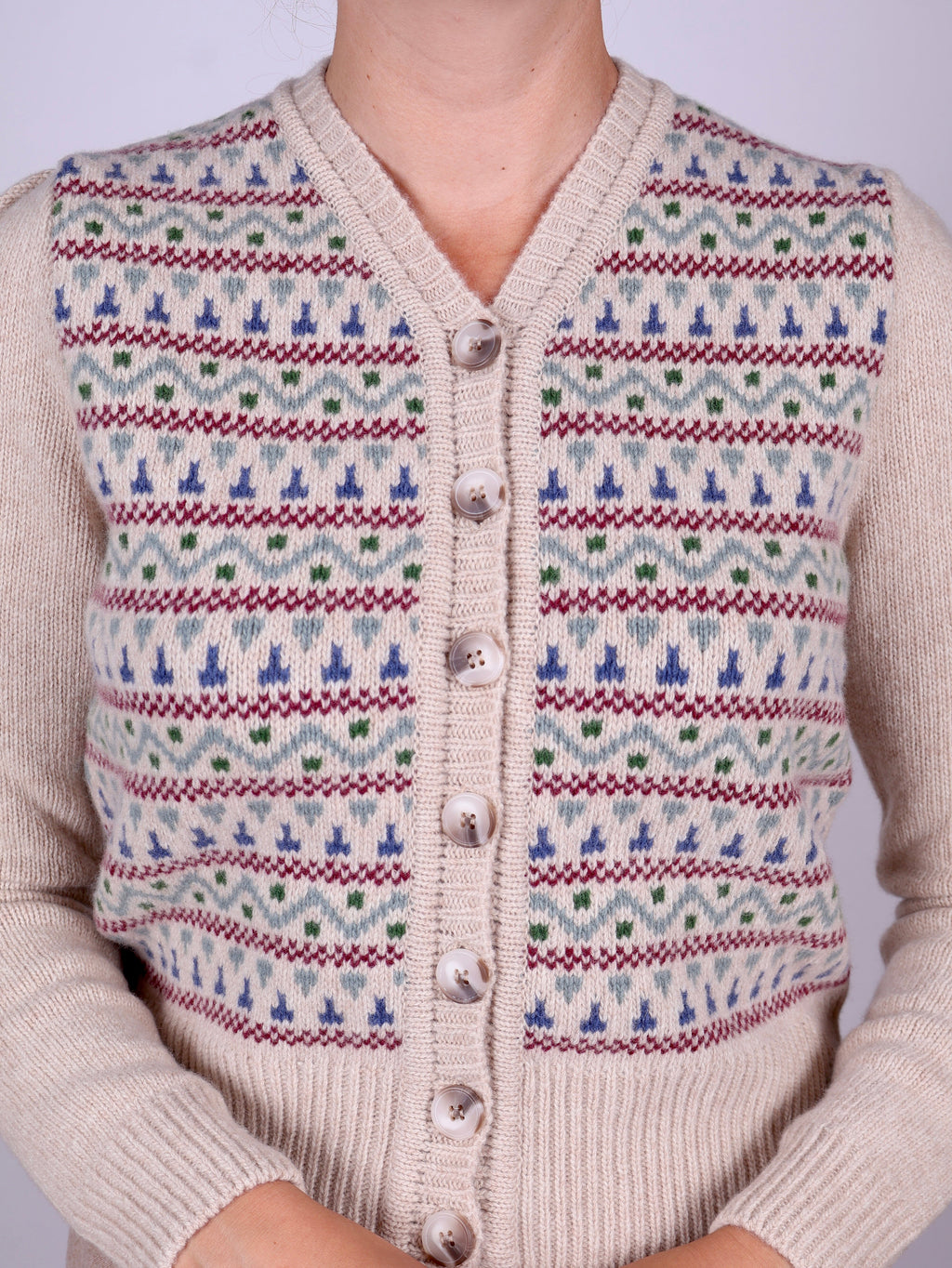 1940s vintage style cardigan - Merino - Cream with pattern - Rosemary