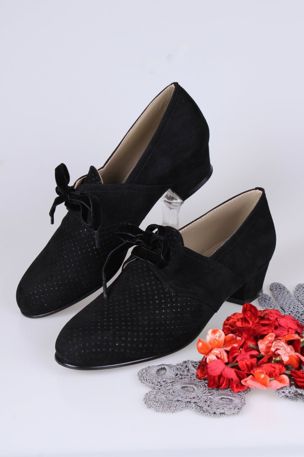 40s Derby shoes in suede - Low heel - Black -Esther