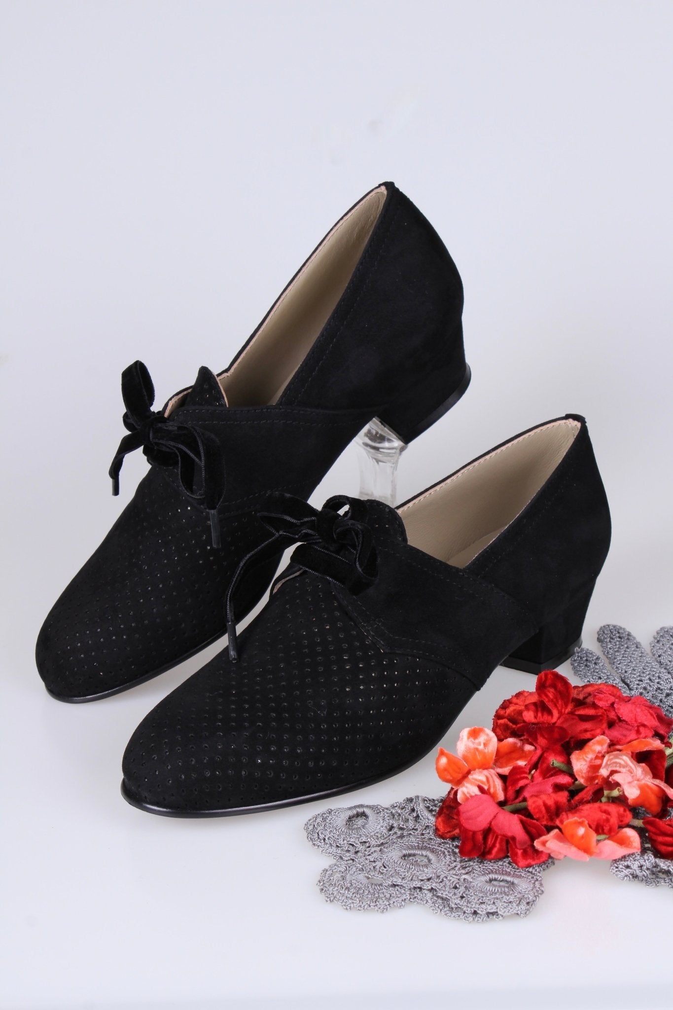40s Derby shoes in suede - Low heel - Black -Esther