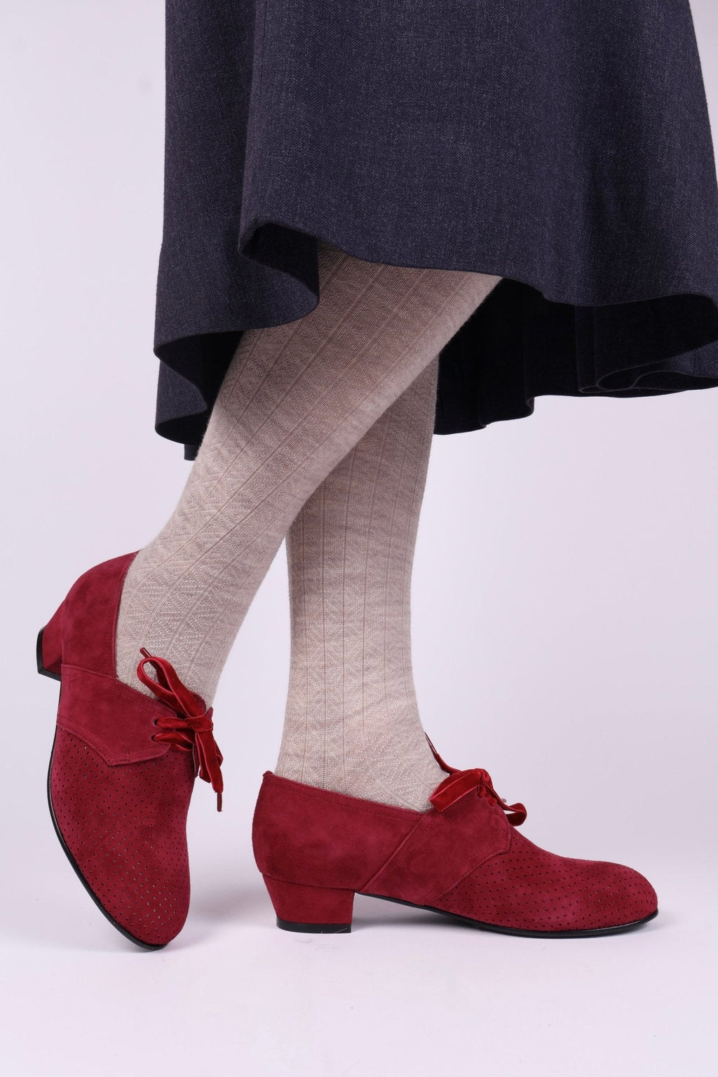 40s Derby shoes in suede - Low heel - Burgundy red -Esther
