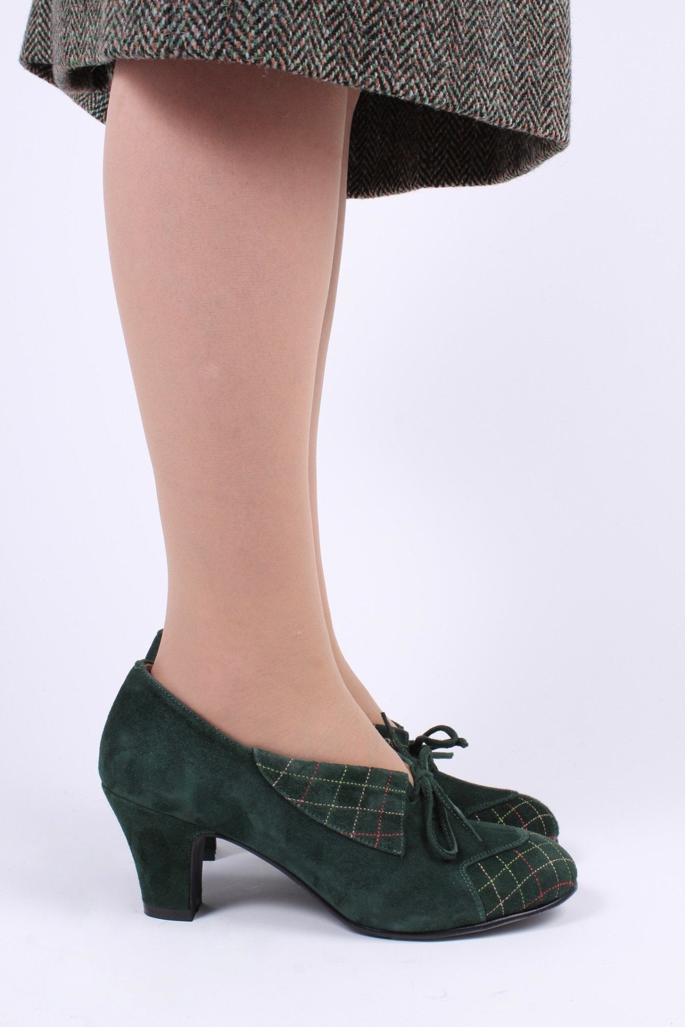 1940s Suede Pumps with Colored Trim – Dark green – Edith