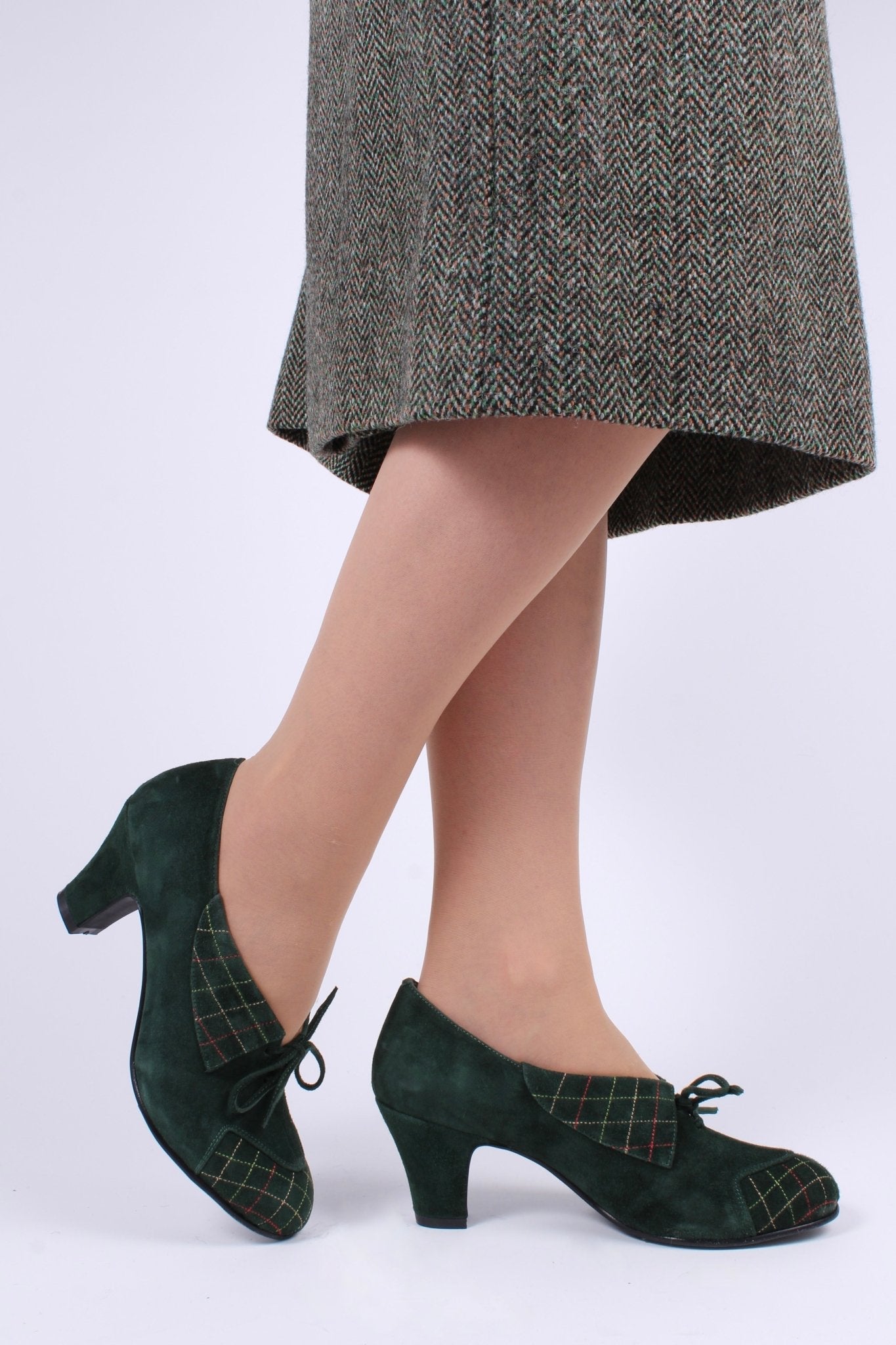 1940s Suede Pumps with Colored Trim – Dark green – Edith