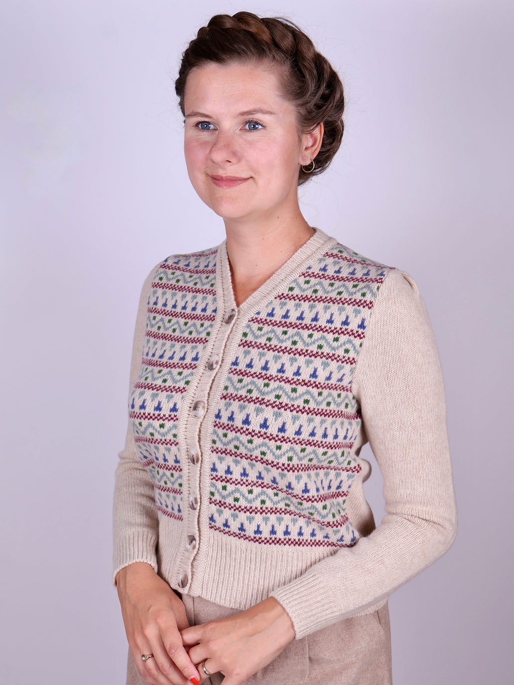 1940s vintage style cardigan - Merino - Cream with pattern - Rosemary