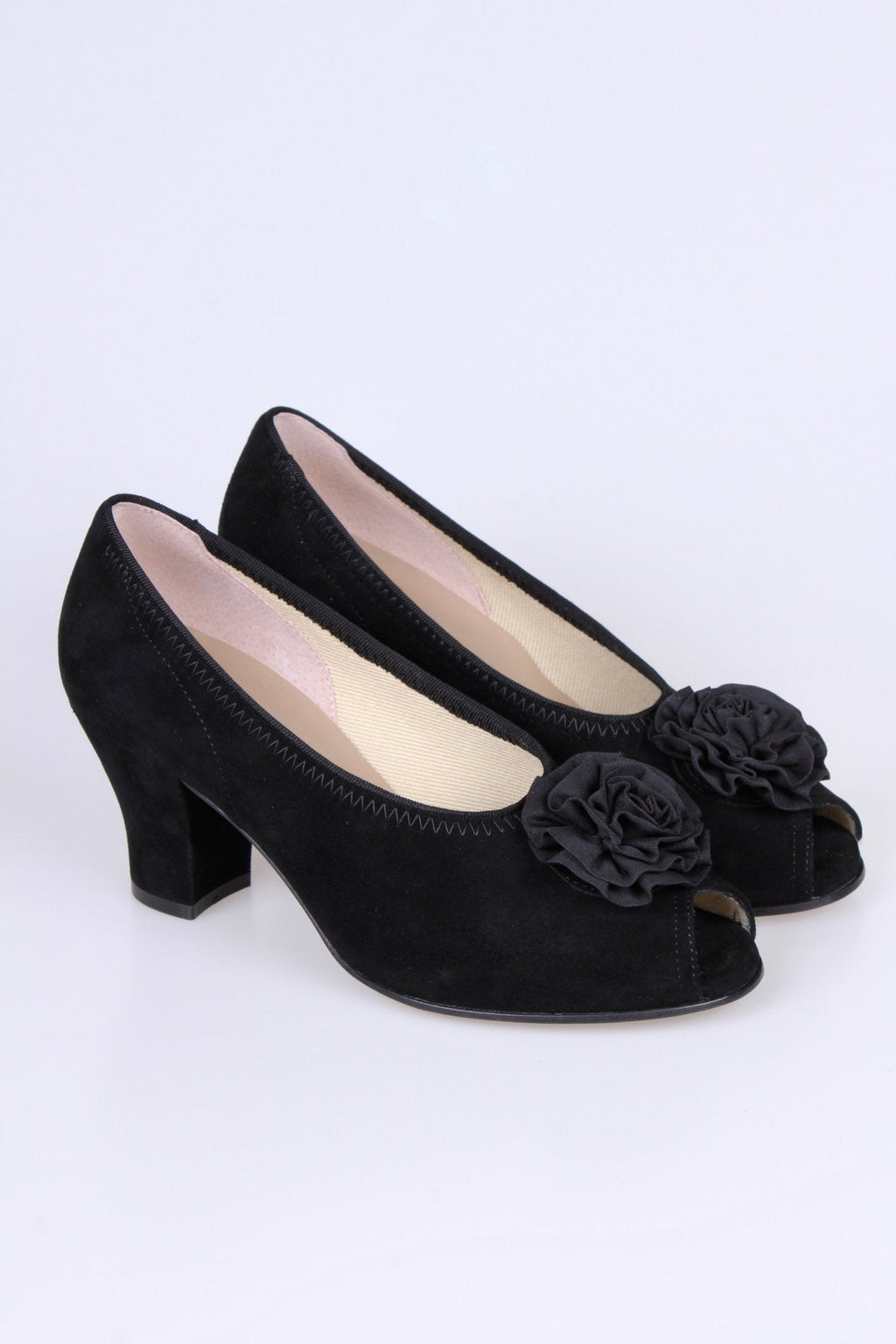 1940s suede pumps with rosette and peep toe - Black - Jean