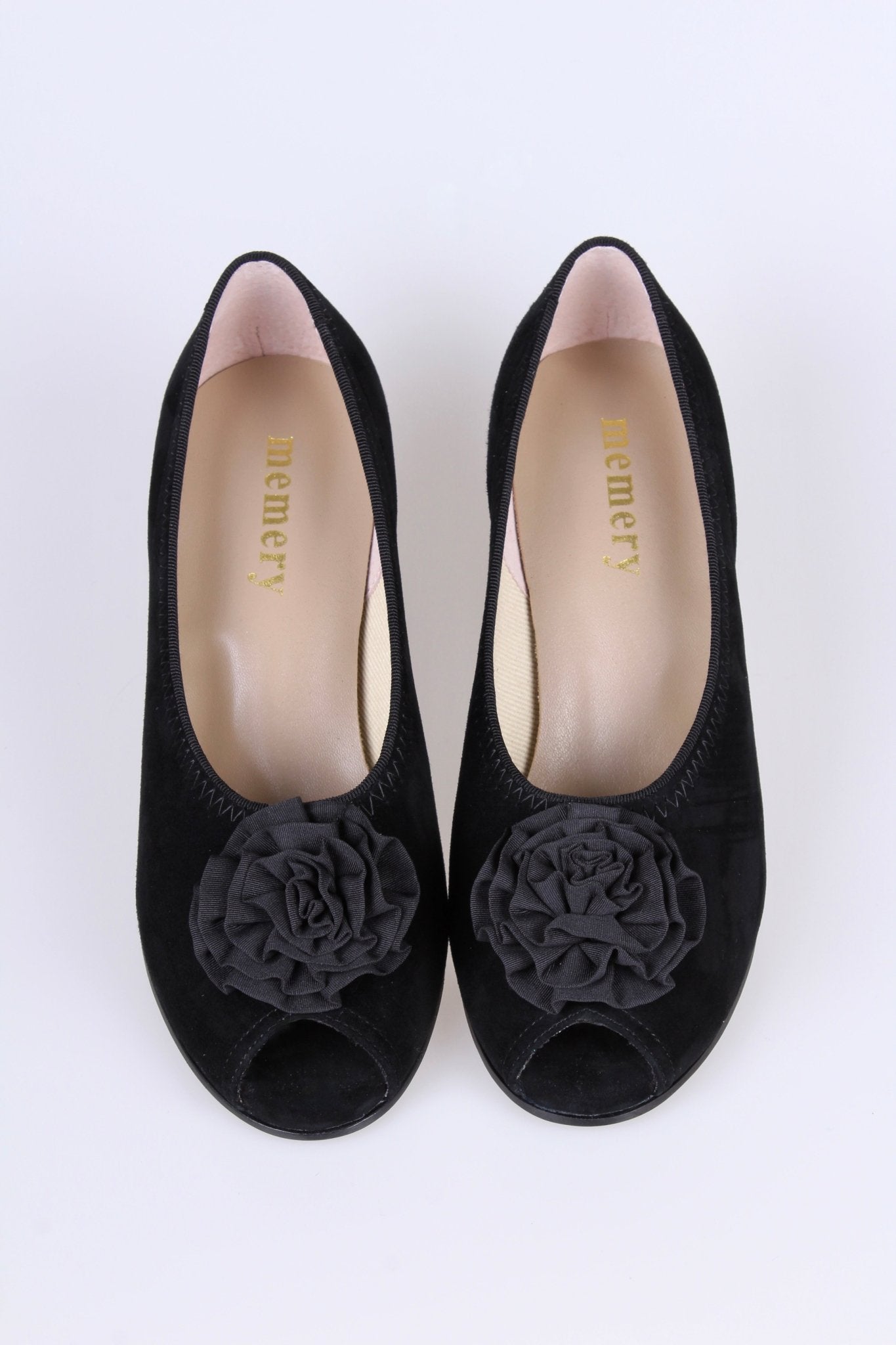 1940s suede pumps with rosette and peep toe - Black - Jean