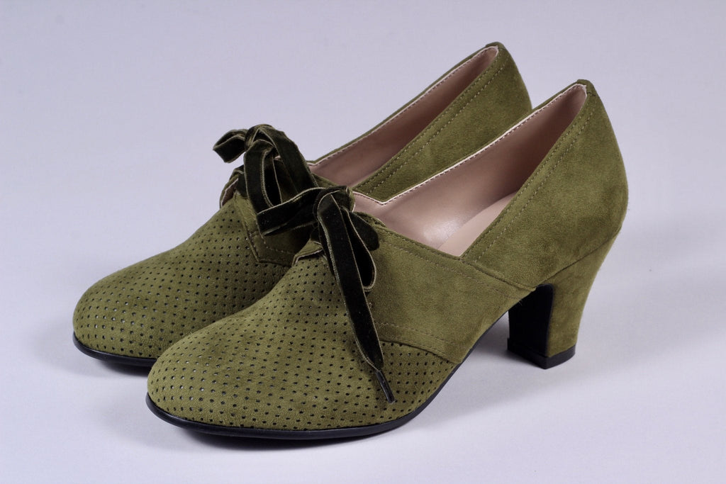 VEGAN shoes - 40s vintage style pumps with shoe lace - Green - Esther