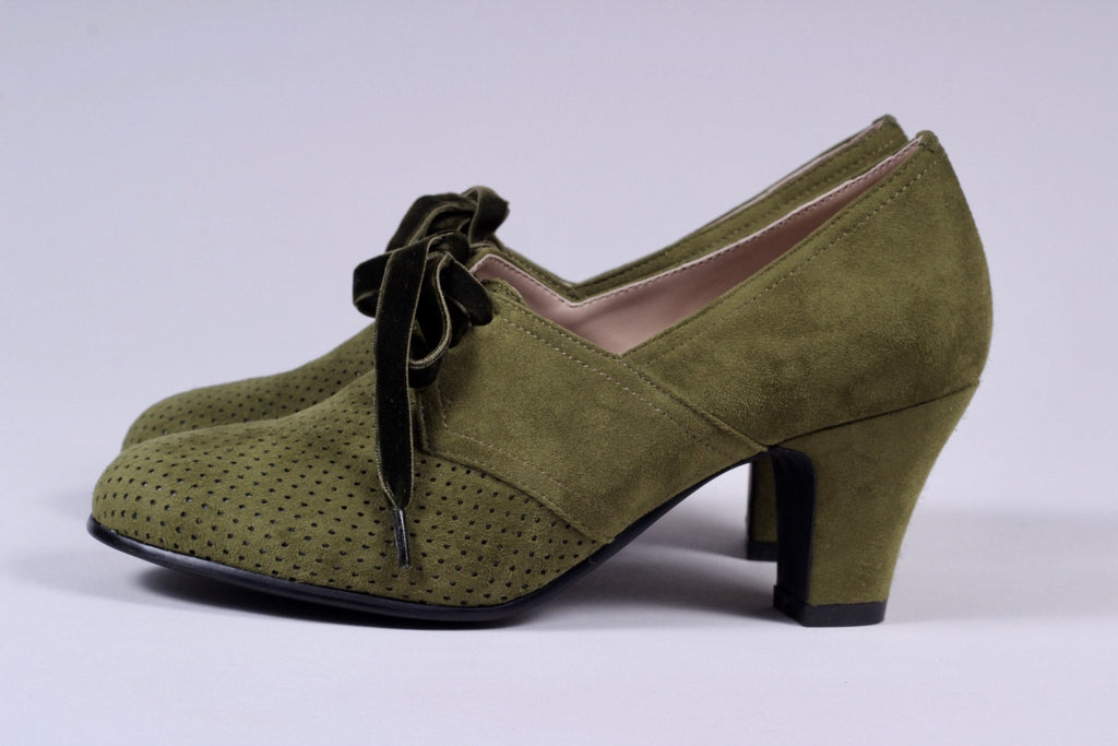 VEGAN shoes - 40s vintage style pumps with shoe lace - Green - Esther